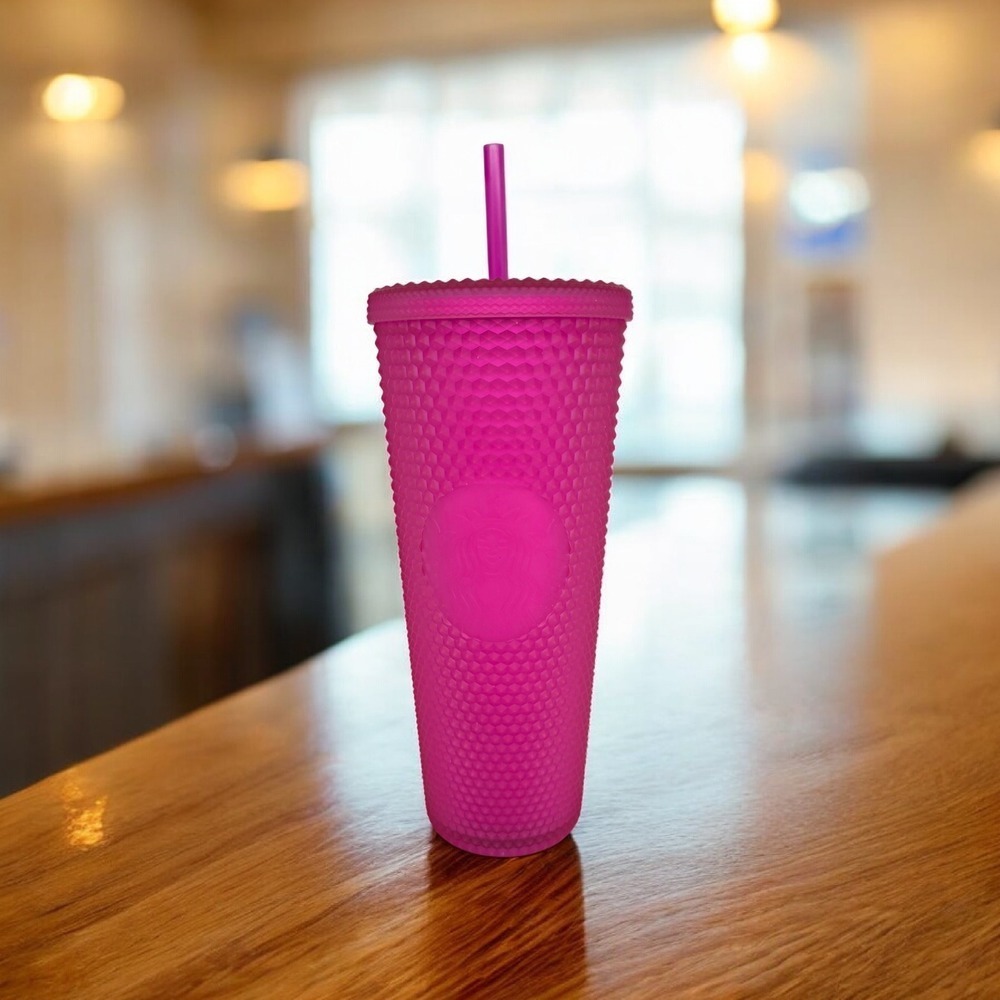 Starbucks Tumbler Studded Hot Pink 24 oz Reusable Cold Drink Cup Straw